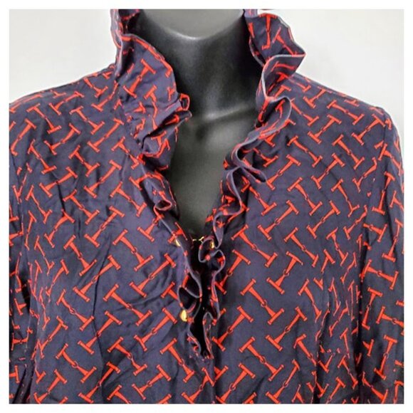 Elizabeth McKay Silk Ruffle Blouse Navy/Red Equestrian Chic T-Bar Print Top Sz 6 - Picture 3 of 13